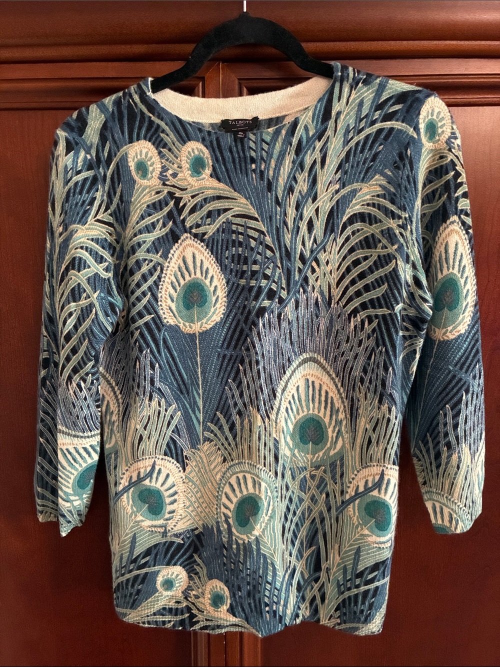 Talbots cashmere Teal and Cream Peacock-Pattern Knit Top